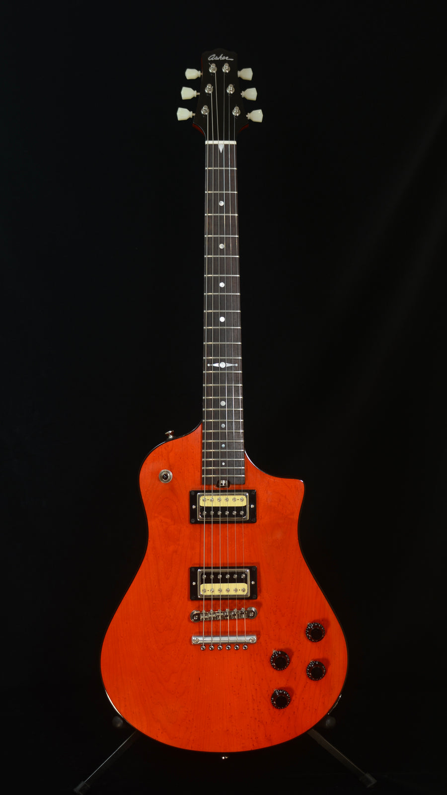 SOLD 2025 Asher Electro Sonic Vintage Series - Cardinal Red Birds Eye Maple with Brazilian Rosewood Board $8,500.00