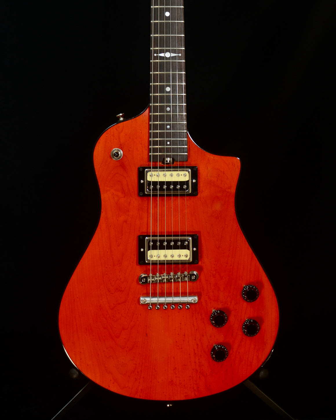 SOLD 2025 Asher Electro Sonic Vintage Series - Cardinal Red Birds Eye Maple with Brazilian Rosewood Board $8,500.00