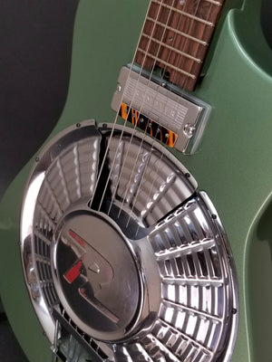 SOLD 2018 Asher Resosonic Rambler with Handcut Original 58 Rambler Hubcap, Mystic Green Metallic, #1069