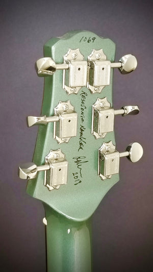 SOLD 2018 Asher Resosonic Rambler with Handcut Original 58 Rambler Hubcap, Mystic Green Metallic, #1069