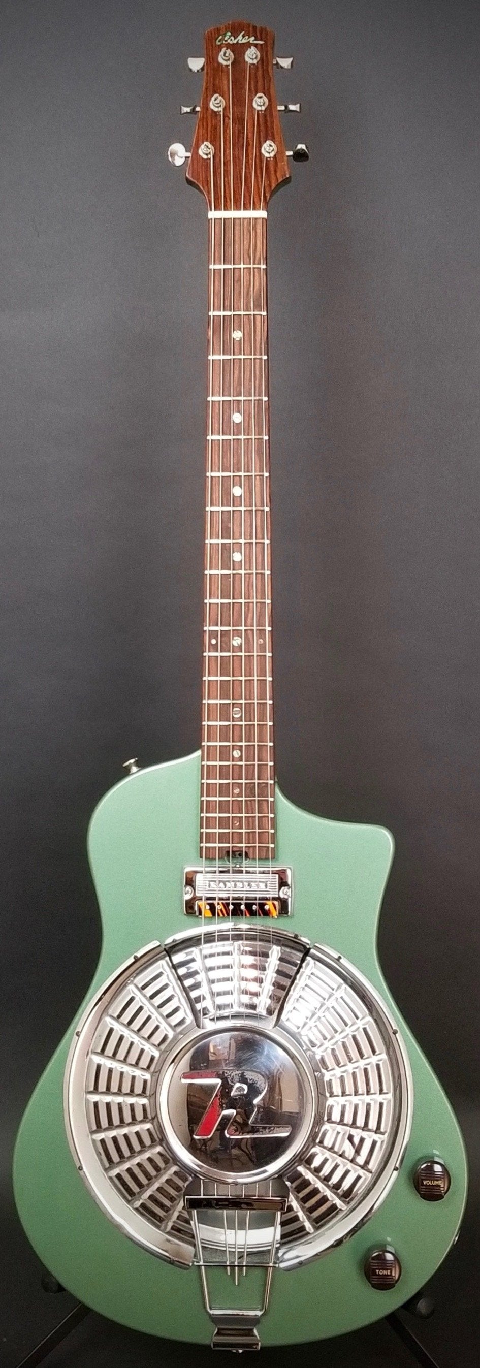 SOLD 2018 Asher Resosonic Rambler with Handcut Original 58 Rambler Hubcap, Mystic Green Metallic, #1069