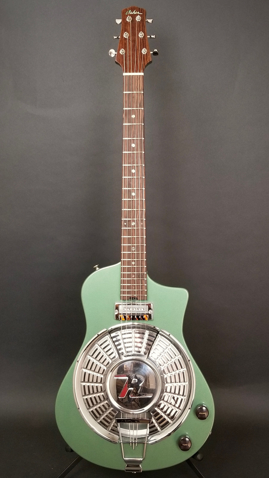 SOLD 2018 Asher Resosonic Rambler with Handcut Original 58 Rambler Hubcap, Mystic Green Metallic, #1069