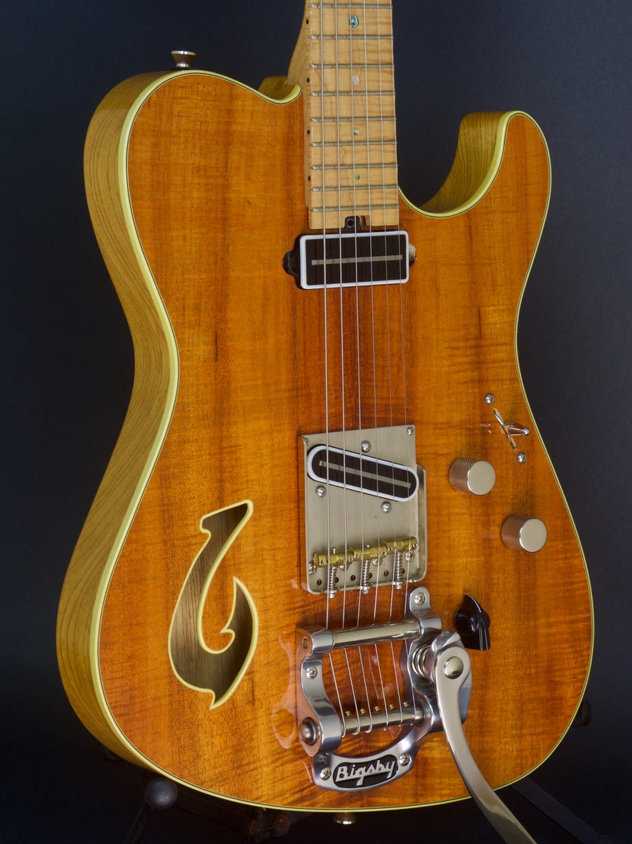 SOLD Used 2012 T Deluxe Bound Flame Koa Top with Custom Fish Hook F Hole and Bigsby,  #710