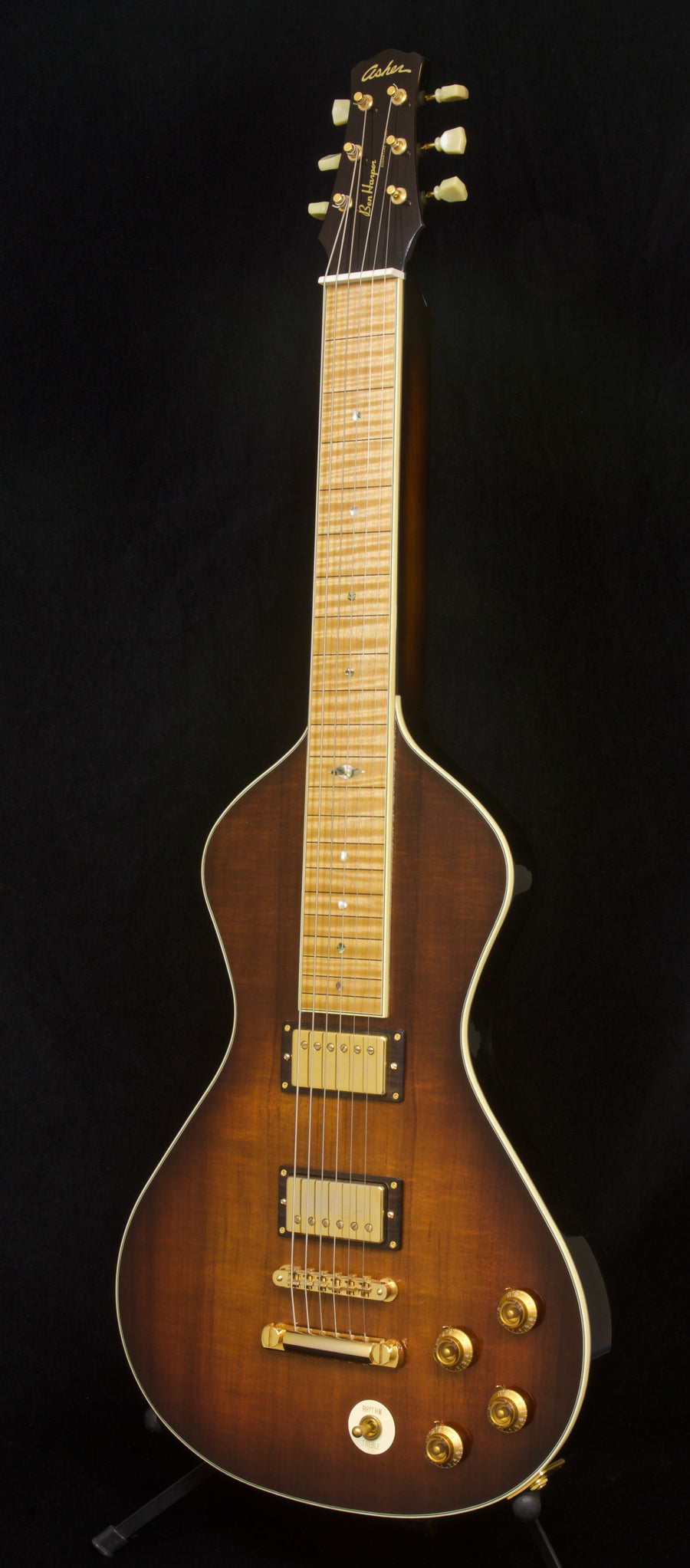 SOLD 2019 Asher Ben Harper Signature Model Lap Steel - Koa Top Tobacco Burst with Gold Hardware