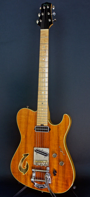 SOLD Used 2012 T Deluxe Bound Flame Koa Top with Custom Fish Hook F Hole and Bigsby,  #710