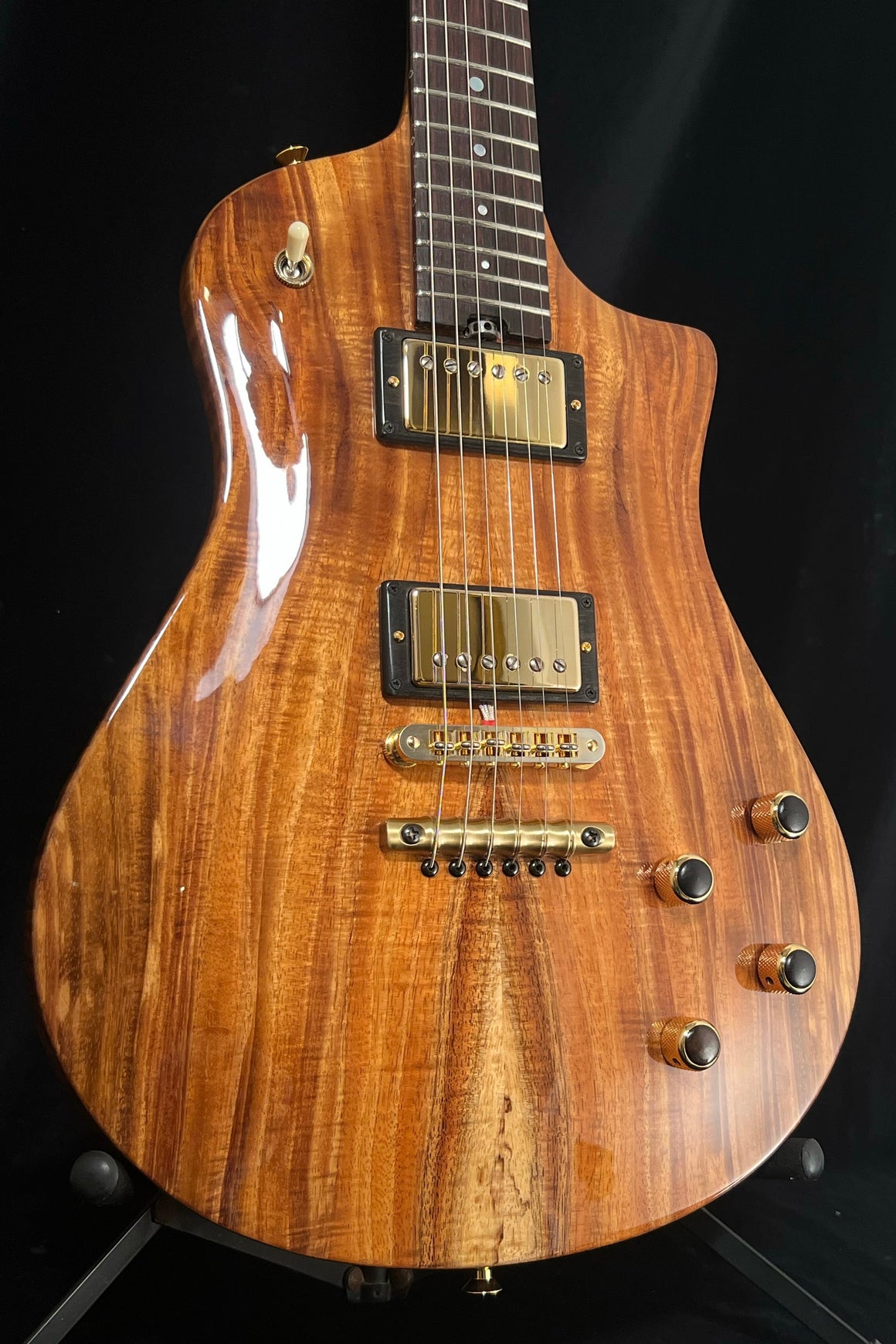 SOLD 2023 Asher Electro Sonic II Carve Flame Koa Top, Roasted Flame Maple Neck and Body with Beautiful Koi Inlay