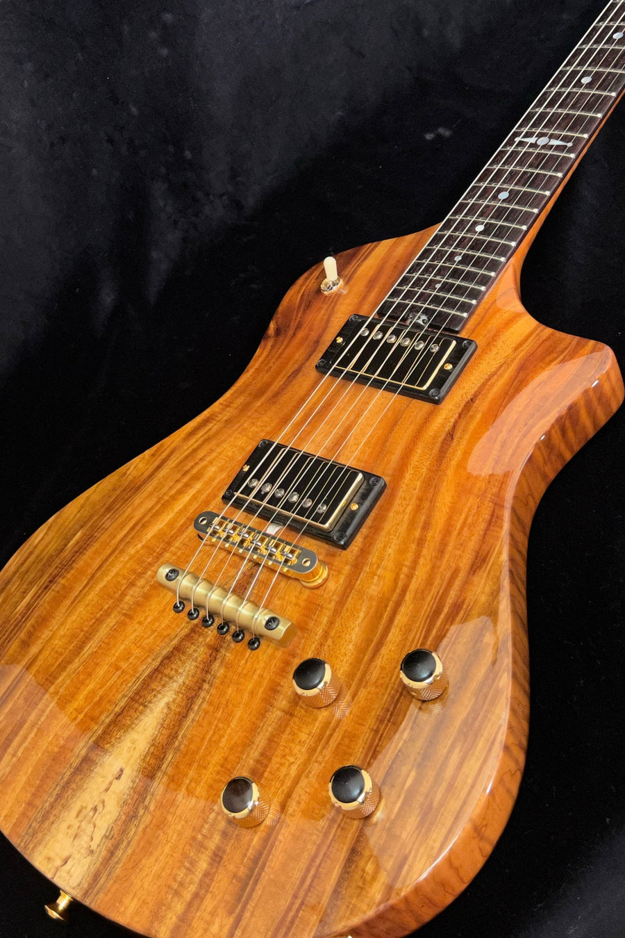 SOLD 2023 Asher Electro Sonic II Carve Flame Koa Top, Roasted Flame Maple Neck and Body with Beautiful Koi Inlay