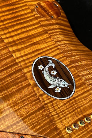 SOLD 2023 Asher Electro Sonic II Carve Flame Koa Top, Roasted Flame Maple Neck and Body with Beautiful Koi Inlay