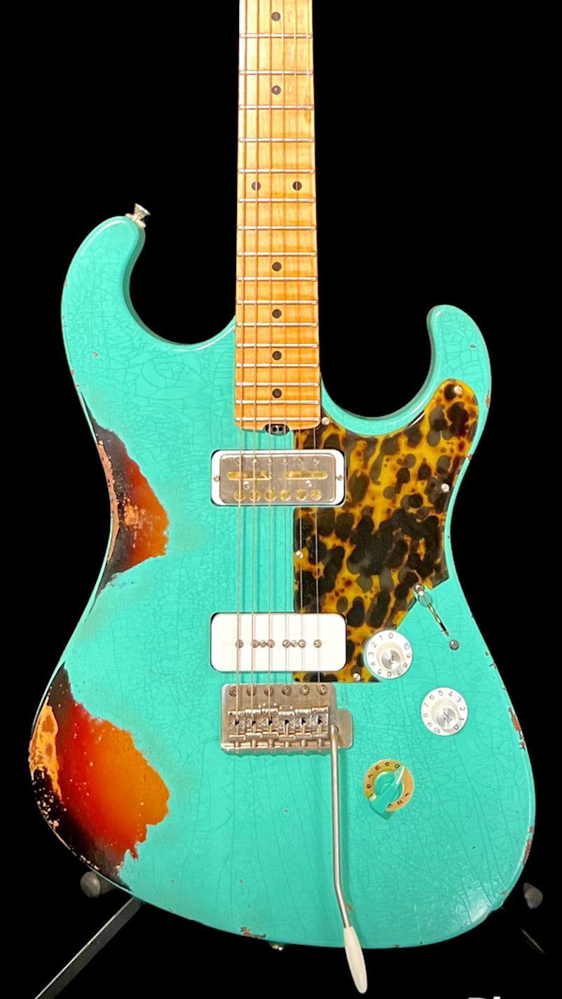 SOLD 2022 Asher S 90 Sea Foam Green over Tobacco Burst Nitro Heavy Relic #1305 - road tested by Donavon Frankenreiter!