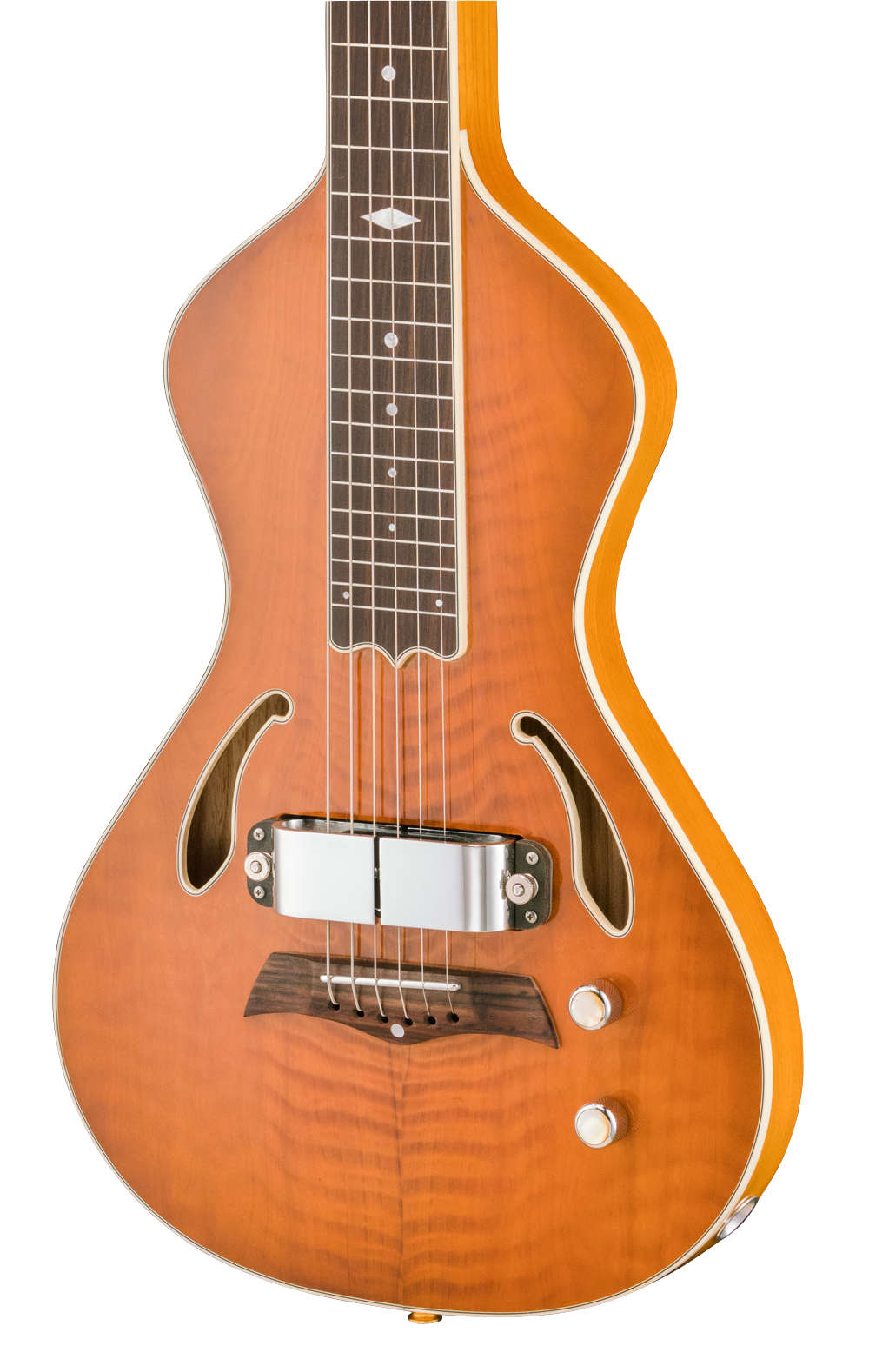 SOLD Asher Dual Tone #951 Semi-Acoustic Lap Steel with Flame California Redwood Top and Horseshoe Pickup